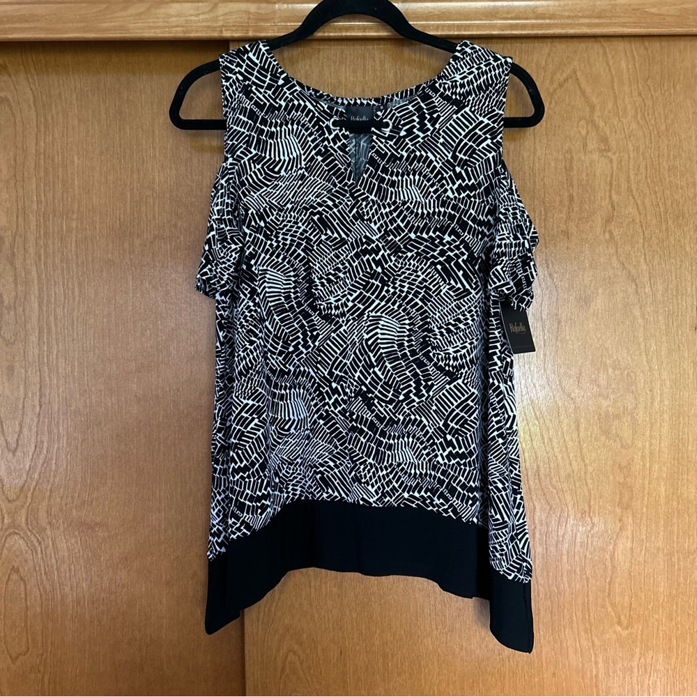 Rafaella Black & White Flowy Patterned Cold Shoulder Top Size Medium